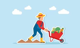 Farmer pushing a wheelbarrow full of vegetables near farmland illustration of agricultural land management vector