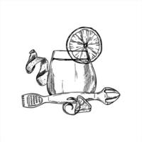 Monochrome glass with citrus drink, lemon slice, zest, peel and zesting tool line ink illustration. Healthy drink rich in vitamin C etching drawing for cooking blogs, dieting food design vector