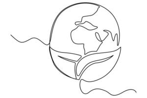 Minimal one line globe and plant sprout drawing for green growth symbol vector