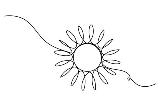 Continuous one line drawing of sun with petal shaped rays in minimal style vector