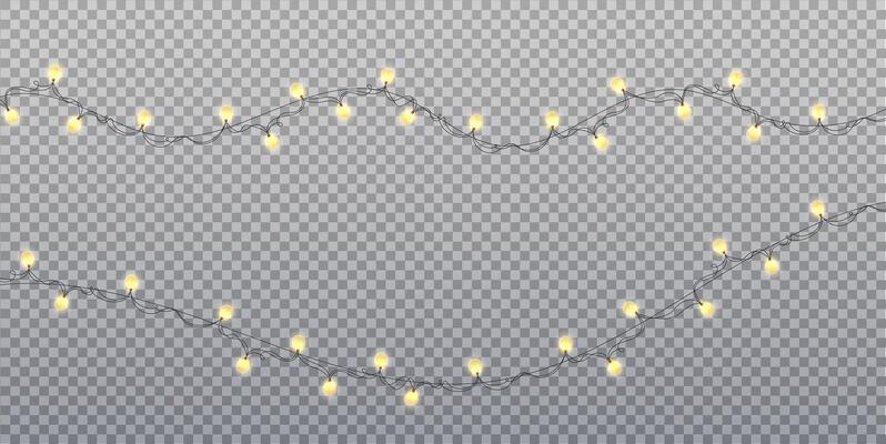 Gold garland bulbs isolated. Christmas lights. Glowing gold garland for Xmas Holiday cards, banners, posters, web design.