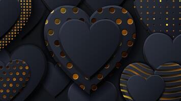 san valentin día antecedentes negro corazones y oro modelo. oro lujo cubrir en oscuro antecedentes. negro Días festivos póster, tarjeta, agregar, encabezamiento, sitio web, artículo para san valentin día. vector