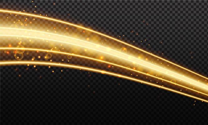 Golden magic wave. Gold trail isolated. Luminescent wave with bright bokeh