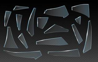 Broken glass shards, splinter of glass, realistic clip art. Pieces of different shapes and splinters. vector