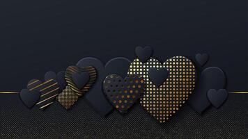 san valentin día antecedentes con negro corazones y oro modelo. oro lujo cubrir en oscuro antecedentes. negro Días festivos póster, tarjeta, agregar, encabezamiento, sitio web para san valentin día. vector