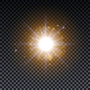 Golden burst with sparkle rays and lens flare effect. Glowing stars. Golden glitter bokeh and burst of magical dust particles. vector