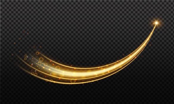 dorado ola con sendero de cometa y espumoso oro polvo de estrellas, efecto Bokeh. luminiscente ola con brillante bokeh y destellos sendero vector
