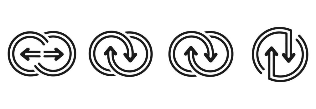 Four arrow icons in circular motion represent direction, exchange, and flow, indicating various concepts like back and forth, circular economy, and continuous improvement, minimalist design vector