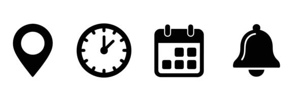 Location pin, clock, calendar, and notification bell icons convey appointments, reminders, and time management for planning and scheduling activities vector