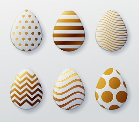 Gold easter eggs. Set of golden and white egg with dot patterns, spiral and lines pattern on a white background for design for cards, posters, invitations for Easter