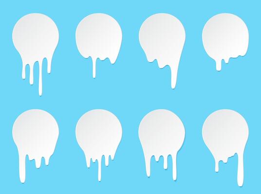 Melt drip stickers or circle milk labels. liquid drops icons for graffiti blob stickers. White liquid or melted chocolate drips, milk, current paint.