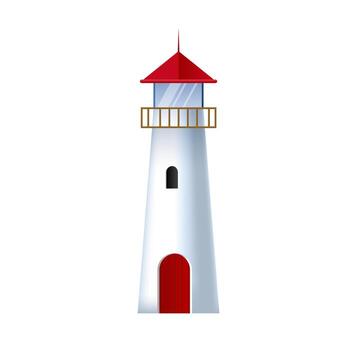 Lighthouse on white backgroud. Cartoon lighthouse isolated in ocean for navigation vector