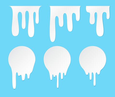 Melt drip and circle milk labels. set liquid drops icons for graffiti blob stickers. White liquid or melted chocolate drips, milk, current paint.