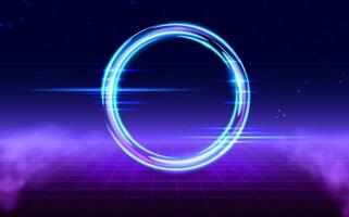 Vaporwave style. Retrofuturistic landscape with perspective grid and glowing circle with fog. vector