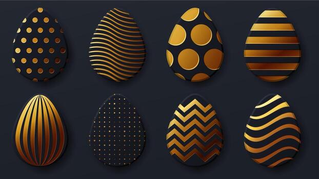 Gold easter eggs. Set of golden and black egg with dot patterns, spiral and lines pattern on a dark background. Elements for design for cards, posters, invitations for Easter. vector
