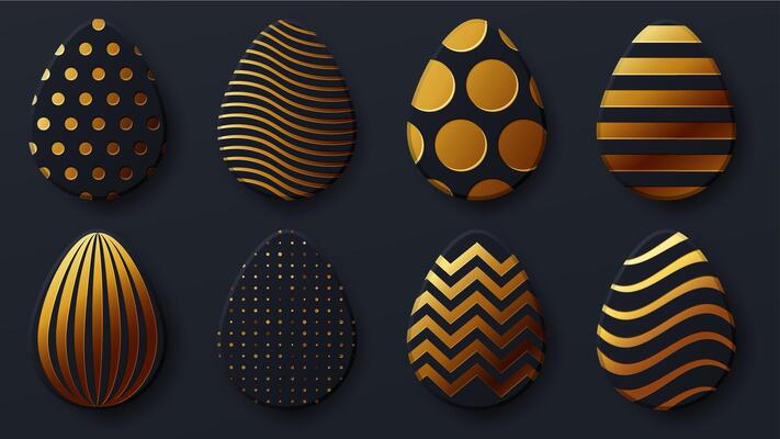 Gold easter eggs. Set of golden and black egg with dot patterns, spiral and lines pattern on a dark background. Elements for design for cards, posters, invitations for Easter.