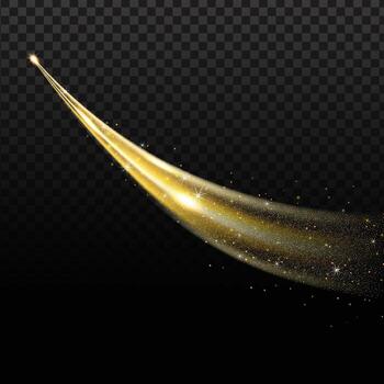 Golden wave whith trail of comet and sparkling gold stardust, effect bokeh. Luminescent wave with bright bokeh and sparkles trail for magic design. vector