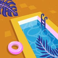 Colorful swimming pool with float and leaves vector