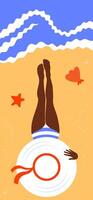 Person relaxing on beach with sun hat vector