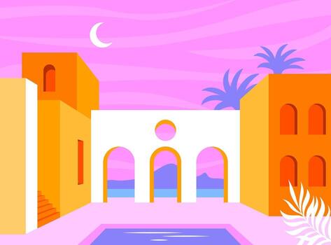 Colorful architecture with pool and palm trees vector