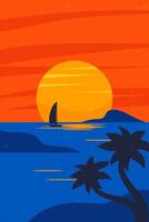 Sunset with sailboat and palm trees vector