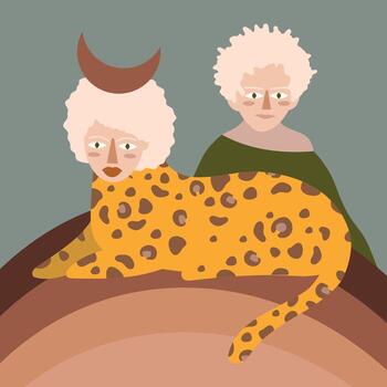 Abstract Illustration with Leopard and Human Figures. The scene combines surreal elements with earthy tones for a striking visual. vector