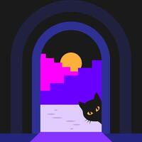 Cat peeking through an archway at sunset vector