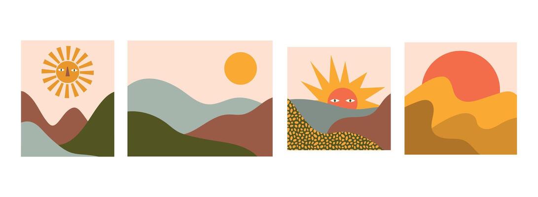 Abstract Sun and Landscape Illustration Set. Bright and colorful geometric elements highlight each scene.