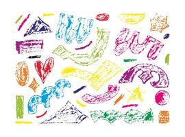 Crayon doodle set. Abstract bright geometric shapes and forms. Chalk pencil. Modern figures, brush kid sketch style. Hand drawn illustration isolated on white background. vector