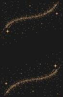 Gold dust light on black backdrop. Magic new year christmas background. Glowing Bokeh effect poster with copy space. Confetti. lines and sparkle frame for cover card banner vector