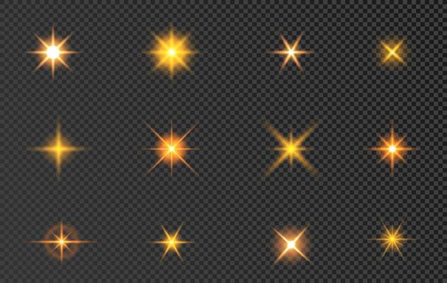 Glowing Light Bursts with sparkles. Glow effect yellow stars set. Lens flare, explosion, glitter, sun flash, spark. Abstract gold flare. illustration for celebration, christmas, new year