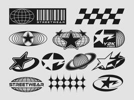 y2k inspired globe and star icon set in bold monochrome style. Features barcode, checker, orbit line, and streetwear motif. Perfect for logo, patch, apparel, and digital design vector