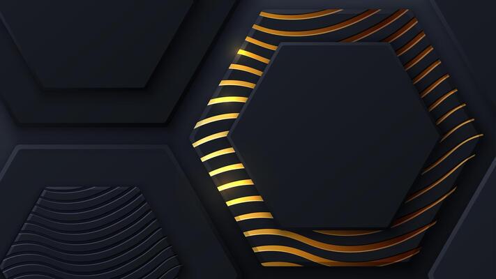Black and gold honeycomb. Hexagon geometry pattern. Minimal black background of honeycomb for cover, ad baner, web.