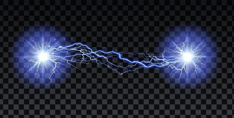 Lightning. Thunder spark light. Illuminated realistic path of thunder and many sparks. Bright curved line.