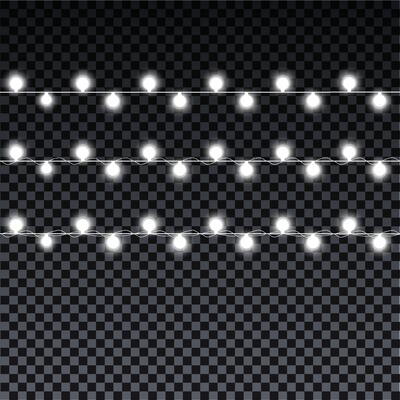 Garland bulbs isolated. Christmas decorations lights effects. Glowing lights of garland bulbs for Xmas Holiday, birthday greeting card, invitations party, banners, posters, web design.