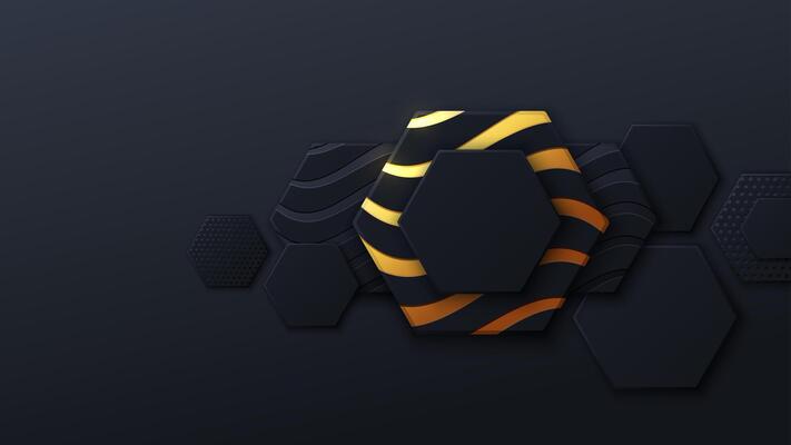 Black and gold honeycomb. Hexagon pattern. Minimal black background of honeycomb for modern cover, ad baner, web.