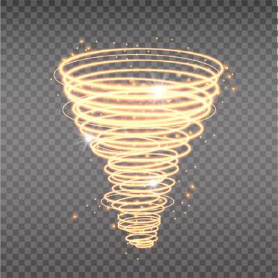 Golden tornado, swirling storm cone of stardust sparkles. Golden spiral with light effect. Magical stardust tornado, light hurricane.