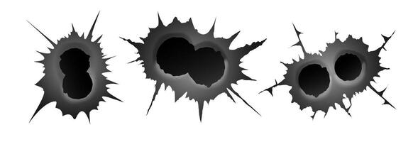 Bullet double hole on white background. set of double realisic metal bullet hole, damage effect. vector