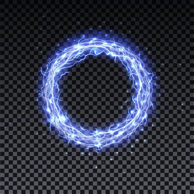 Circle realistic lightning. Thunder spark light, fireball on transparent background. Illuminated realistic path of thunder and many sparks.