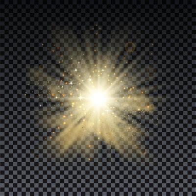 Golden burst with sparkle rays and lens flare effect. Glowing stars. Golden bokeh lights and burst of magical dust particles.