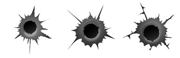 Bullet hole on white background. Set of realisic metal bullet hole, damage effect. vector