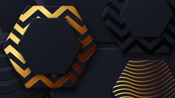 Black and gold honeycomb tiles. Hexagon geometry pattern. Minimal black background of honeycomb for modern cover, ad baner vector