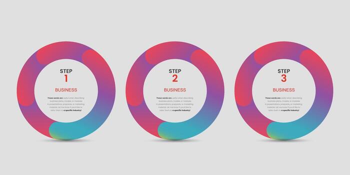 Set of three bold circular infographic features a vibrant gradient ring surrounding a clean white center with key business terms. used for finance and business options vector