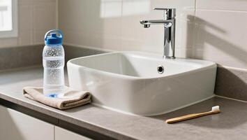 Morning Routine With a Water Bottle and Toothbrush by the Sink in a Bright Bathroom photo