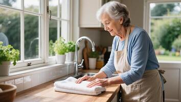 Elderly Woman Neatly Folding Towels in a Bright, Cheerful Kitchen With Plants photo