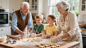Grandparents and Grandchildren Baking Cookies Together in a Bright, Cozy Kitchen During a Sunny Afternoon photo