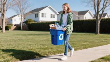 Young Girl Carrying Recycling Bin While Walking on a Sunny Day in a Suburban Neighborhood photo