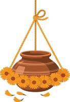 Dahi Handi Pot for Janmashtami Festival. Traditional Indian Clay Pot with Marigold Flowers And Rope Hanging vector