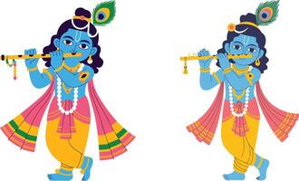 Two Krishna playing flute, vibrant Hindu deity illustration vector