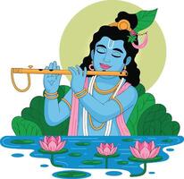 Lord Krishna Playing Flute Amidst Lotus Flowers Serene Hindu Deity Illustration for Festivals vector